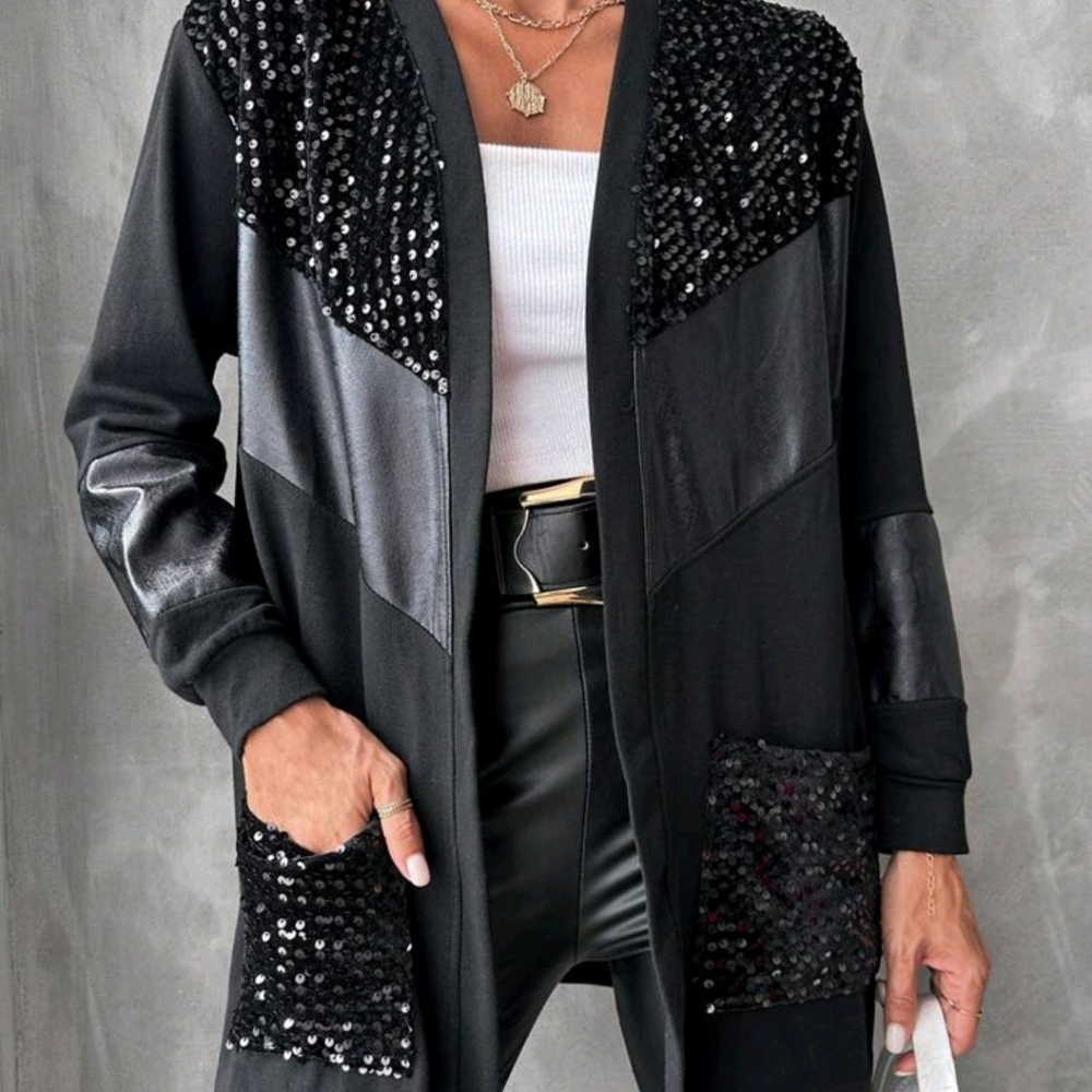 Contrast Sequin Dual Pocket Open Front Coat